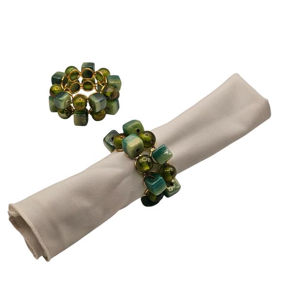 Pier 1 Gold & Green Beaded Glass Napkin Rings Set of 8 – Vintage Table Decor - Picture 4 of 7